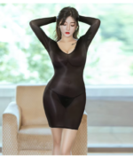 Women Deep-v Long Sleeve Transparent Bodycon Silk Satin Nightdress - Image 2