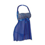 Women Sleepwear Babydoll Halter Lace Butterfly Embroidery Nightwear - Blue
