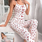 Summer Suspender Suit for Women Breathable Woven Patchwork Mesh Pajamas with Printed Sleepwear
