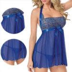 Women Sleepwear Babydoll Halter Lace Butterfly Embroidery Nightwear - Blue - Image 3