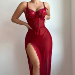 Suspender Lace Waist Embroidered Hollow Out Transparent Se-xy Mesh Long Skirt Set for Women