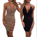 Women's Deep V Neck Bacekless Halter Slit Lace Up Mini Club Dress - Image 6