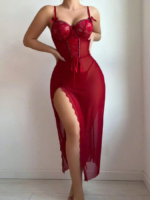 Suspender Lace Waist Embroidered Hollow Out Transparent Se-xy Mesh Long Skirt Set for Women - Image 3