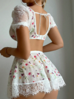 Flower Pattern Se-xy Pajamas Women's Se-xy Lingerie Short Skirt Set, Se-xy Lingerie - Image 6