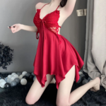 Se-xy Elegant Breathable V-neck Butterfly Lace Sheer Satin Nightgown Robe Loungewear Chest Pad