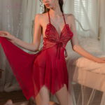 Se-xy Elegant Breathable V-neck Butterfly Lace Sheer Satin Nightgown Robe Loungewear Chest Pad - Image 2