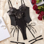 Chuangerm Spot Se-xy Lingerie Bodysuits Ero-tic Fishing Net Pu Leather Tempting One-Piece Black Women Lingerie