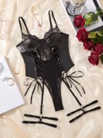 Chuangerm Spot Se-xy Lingerie Bodysuits Ero-tic Fishing Net Pu Leather Tempting One-Piece Black Women Lingerie