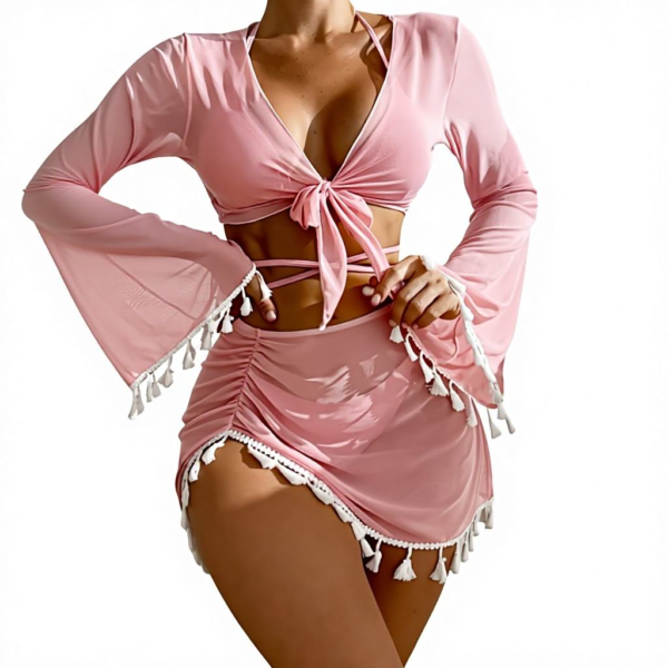 New Design Se-xy in Stock 4 Piece Swimwear Set Beachwear Cover up Halter Triangle Swimsuit Women High Cut Tho-ng Bikini
