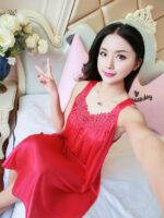 Elegant Satin Nightdress with Embroidered Lace Detail for Women