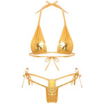 Womens Metallic Shiny Lacing Bikini Swimsuit Non-Padded Triangle Cup Bra Top with G-String Biquini Set - Image 4