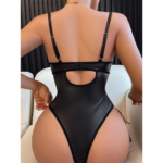 Chuangerm Spot Se-xy Lingerie Bodysuits Ero-tic Fishing Net Pu Leather Tempting One-Piece Black Women Lingerie - Image 3